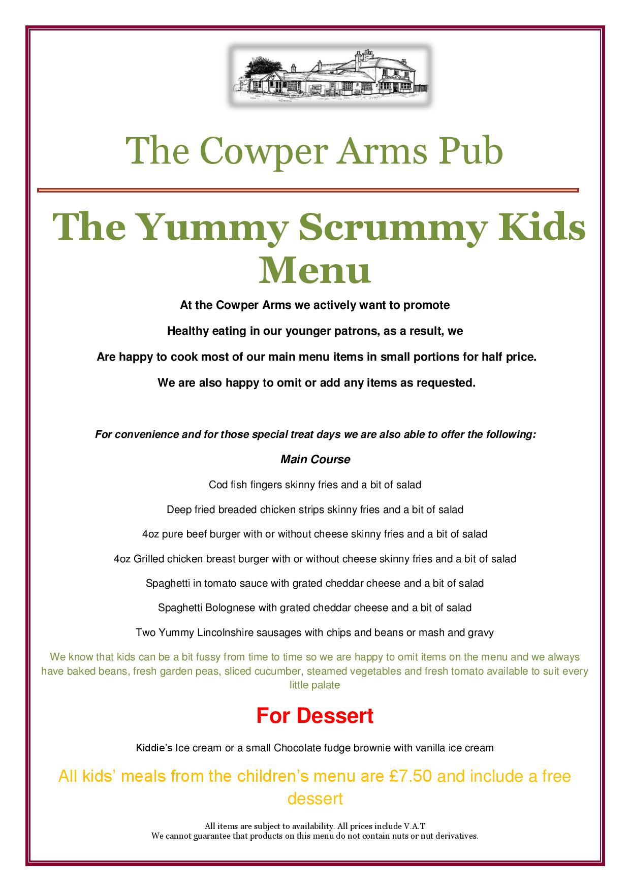 Children's Menu for the Cowper Arms, two courses including dessert for £7.50